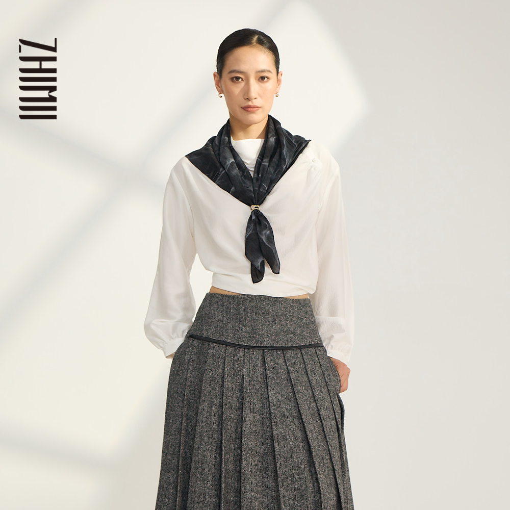 【ZHIMII识弥】白色斜襟真丝干丝褶皱肌理不对称堆领长袖衬衫