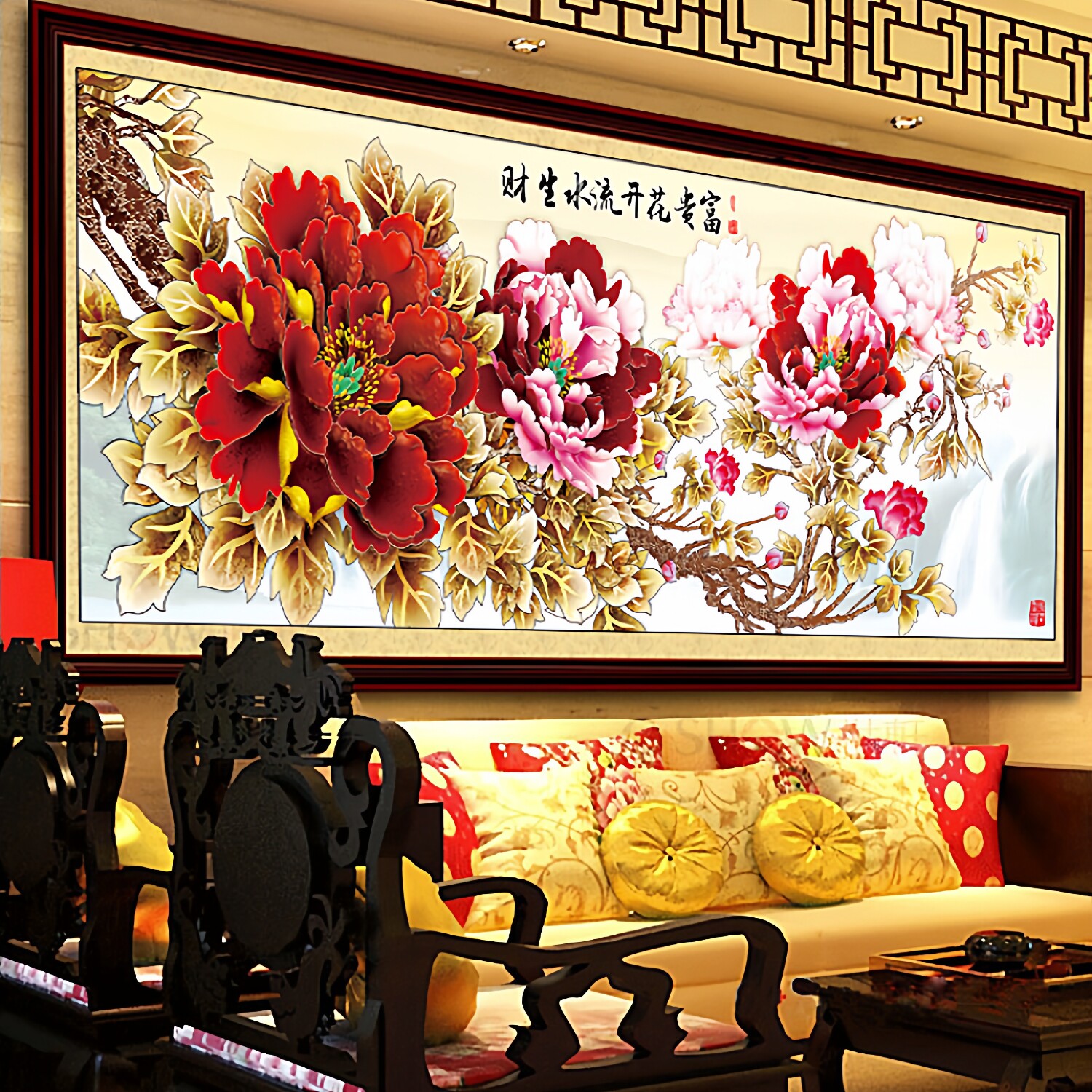 蒙娜丽莎皇室新中式牡丹花十字绣套件客厅花开富贵流水生财自己绣