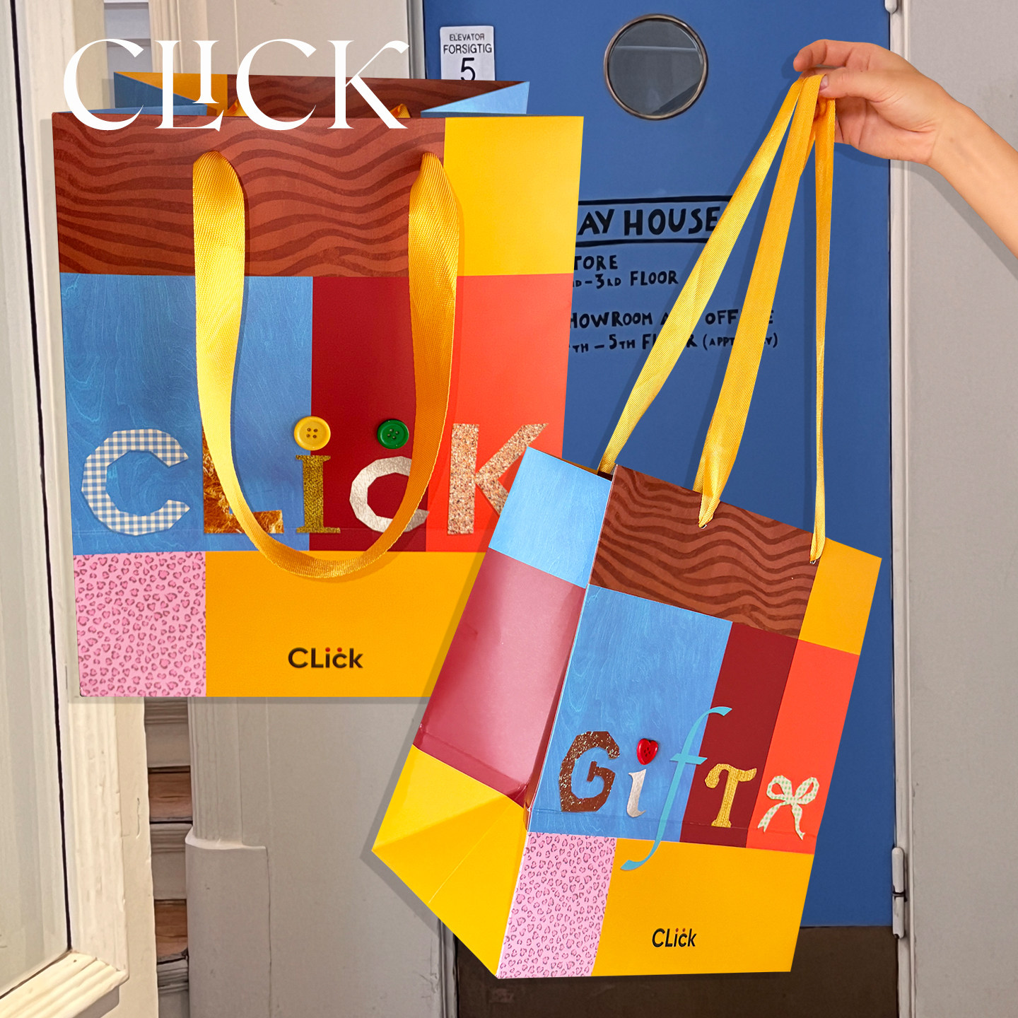 CLick家居小众复古民族风撞色拼贴纸手提袋字母印花托特包礼品袋