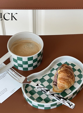 click复古绿色棋盘格杯子盘子大把手马克杯咖啡杯首饰置物盘陶瓷