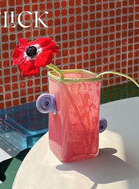 click复古小耳朵方形花瓶装饰摆件小众彩色琉璃花瓶北欧风多巴胺