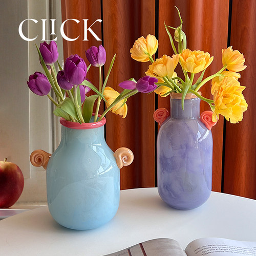click法式复古双耳琉璃花瓶小耳壶花器摆件装饰彩色玻璃手工艺术