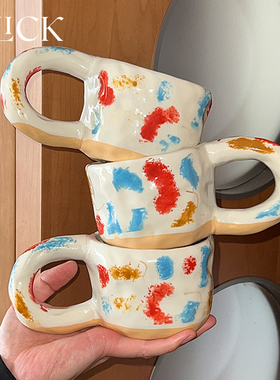 click原创手捏彩绘杯陶瓷咖啡杯水杯大把手小众北欧风格ins风