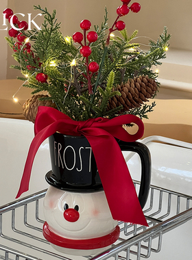 click圣诞陶瓷雪人花瓶仿真花松枝套装装饰摆件节日氛围拍照道具