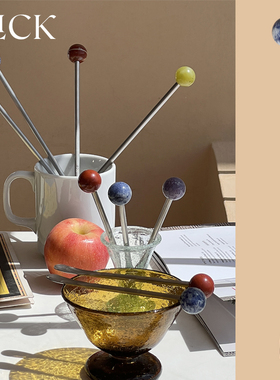 Click彩色天然玛瑙石头珠304不锈钢长短搅拌勺水果叉创意餐具礼品