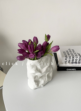 click褶皱纸袋造型花瓶摆件 低温陶瓷 民宿服装店样板间装饰白色