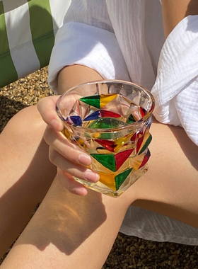 Click人工彩绘玻璃杯糖果色装饰家用水杯菱格欧式威士忌杯洋酒杯