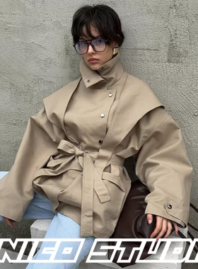 欧美ins博主上身气质OL高级感卡其白立领腰带收腰风衣外套大衣