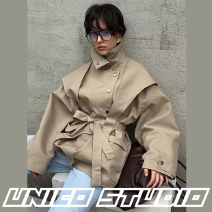 欧美ins博主上身气质OL高级感卡其白立领腰带收腰风衣外套大衣