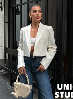 超短款！欧美ins博主辣妹上身翻领无扣修身小西装开衫外套 2色入