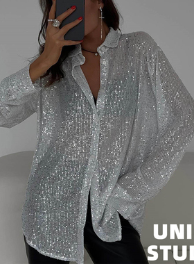 欧美ins博主上身亮片衬衫女夏宽松辣妹纯欲风ins爆款长袖上衣