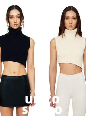 欧美ins辣妹Y2K博主上身高领斜下摆修身短款针织背心上衣