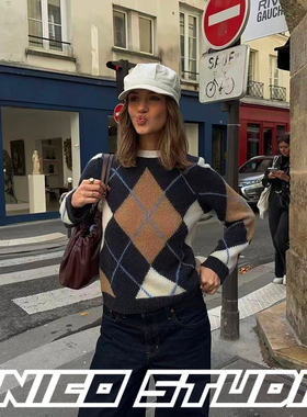 欧美ins博主上身学院BM风菱格拼色圆领宽松套头长袖针织衫毛衣