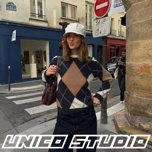 欧美ins博主上身学院BM风菱格拼色圆领宽松套头长袖针织衫毛衣