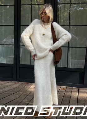 欧美ins博主上身毛茸茸减龄显瘦气质优雅毛毛针织上衣+长裙套装