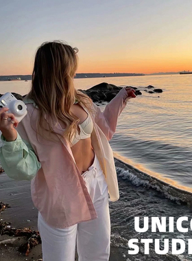 OVERSIZE！欧美ins辣妹Y2K博主上身撞色翻领宽松长袖衬衫衬衣