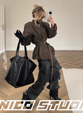 欧美ins博主上身小立领系扣可调节腰带收腰风衣外套上衣