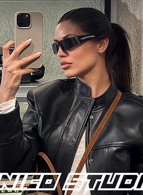 超酷皮衣！欧美ins博主上身PU皮小立领超短款机车皮衣外套 黑色