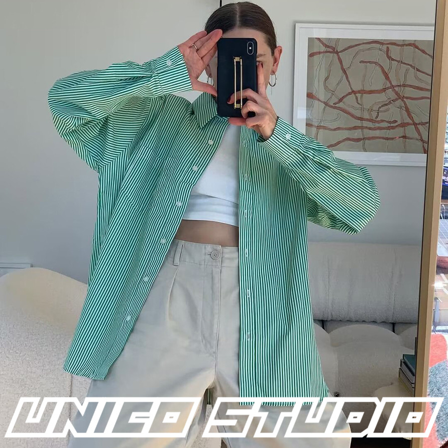 OVERSIZE!欧美辣妹BF风细条纹翻领POLO宽松长袖休闲百搭衬衣衬衫