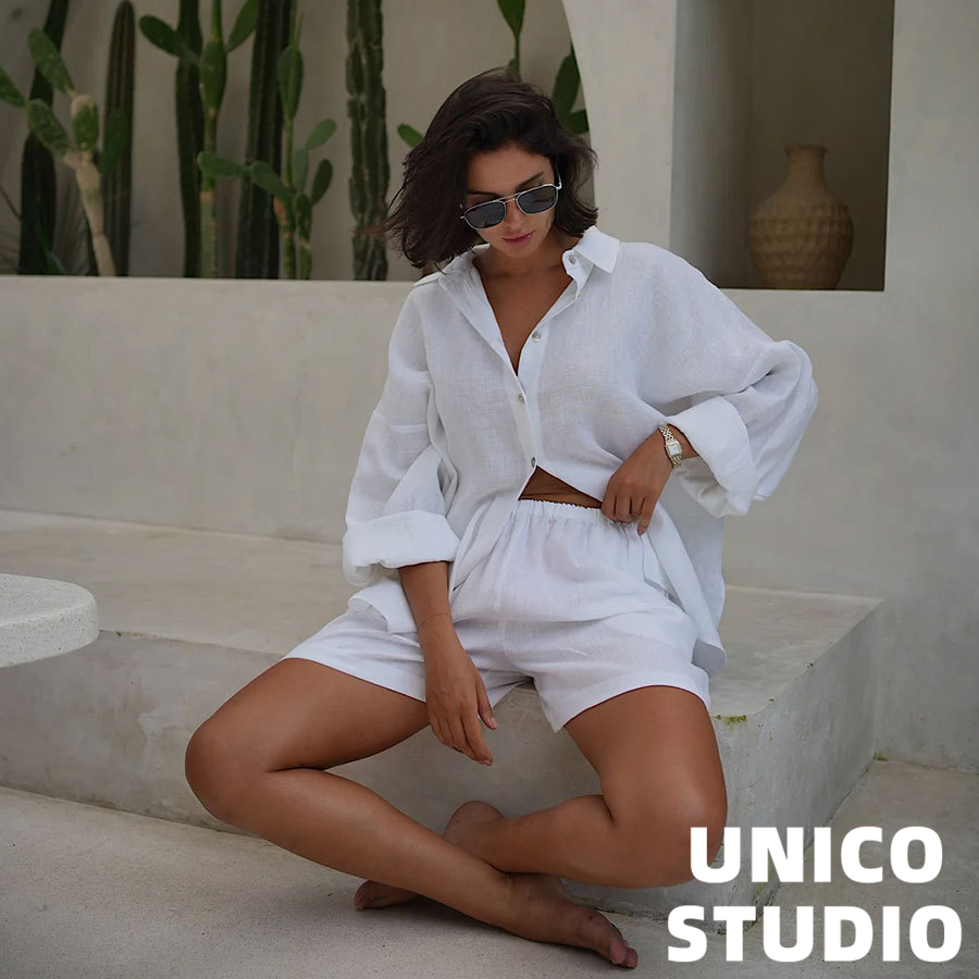 纯棉宽松长袖衬衣+短裤套装