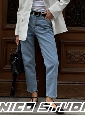 欧美ins博主上身复古mon jeans高腰直筒蓝色牛仔裤显瘦百搭长裤