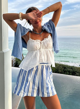 6色入！欧美ins博主上身撞色条纹松紧腰口袋沙滩裤休闲短裤三分裤