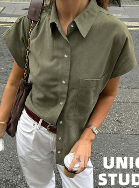 欧美ins博主辣妹上身复古绿色POLO翻领宽松系扣短袖衬衣