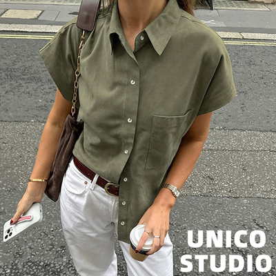 复古绿翻领宽松短袖衬衣