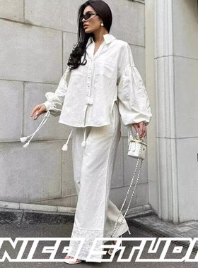 欧美ins博主cleanfit纯色简约绣花系带长袖衬衫+宽松阔腿长裤套装