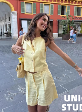 法式复古ins博主上身亮黄色亚麻混纺短款背心+高腰阔腿短裤 套装
