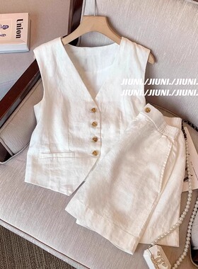 老钱风夏季法式V领无袖马甲高级感亚麻凉感透气西装马甲2025新款