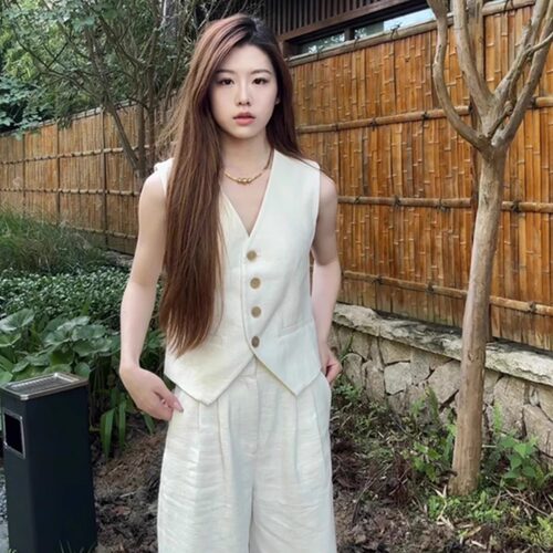 无袖短款V领西装马甲女夏季薄款棉麻亚麻马夹薄款叠穿小坎肩上衣