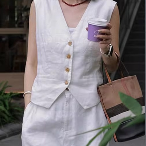 亚麻西装马甲女夏季新款今年流行白色无袖时尚高端老钱风西服开衫