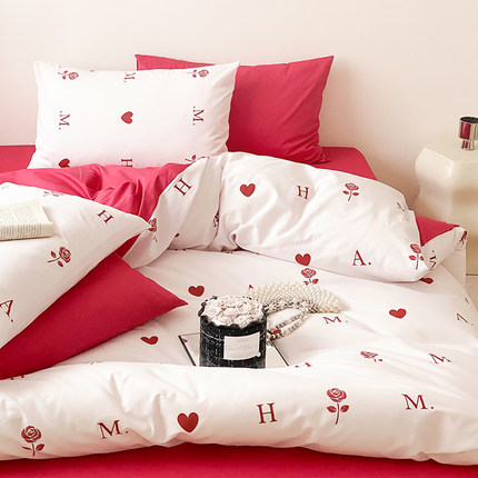 心上玫瑰 结婚用红色纯棉1.8米2m四件套情人节被套床单枕套可定做