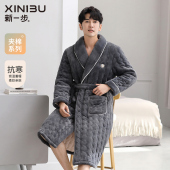 加厚翻领宽松休闲居家服套装 新一步三层夹棉保暖睡袍男士 秋冬季