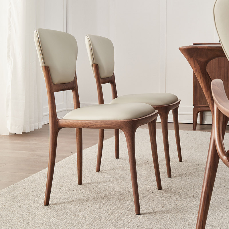 北美黑胡桃木餐椅实木扶手椅家用轻奢真皮椅子简约软靠书椅靠背椅