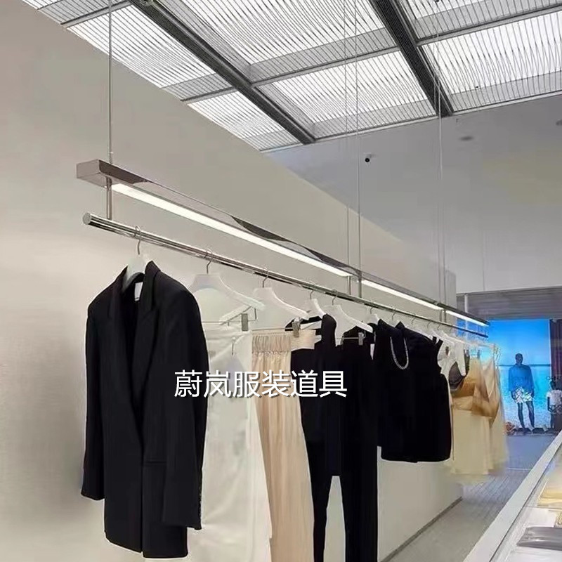 服装店展示架带灯不锈钢挂衣架吊顶架陈列上墙钢丝吊挂女装衣服架