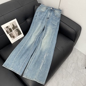 显瘦高腰阔腿裤 深圳南油2026春季 女窄版 浅色烫钻直筒牛仔裤 新款