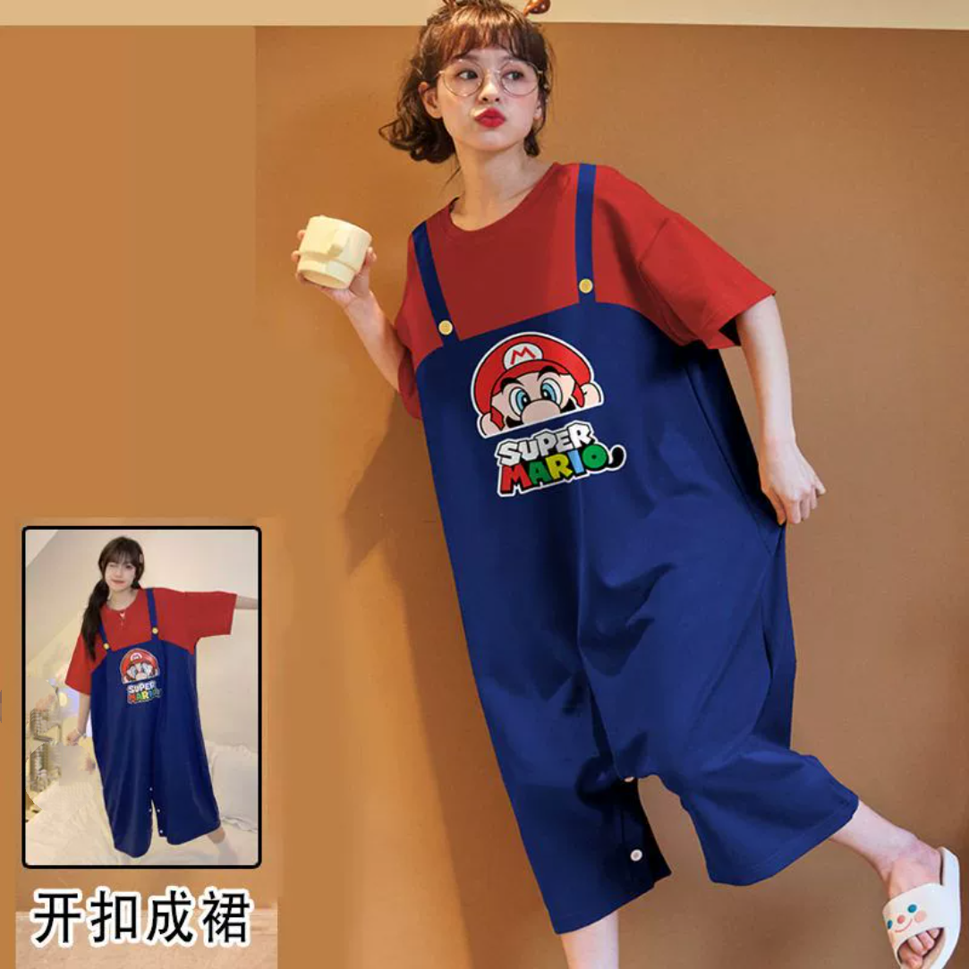 背带裤连体睡衣睡裙女春夏薄款胖MM短袖老虎动物家居服套装草莓熊