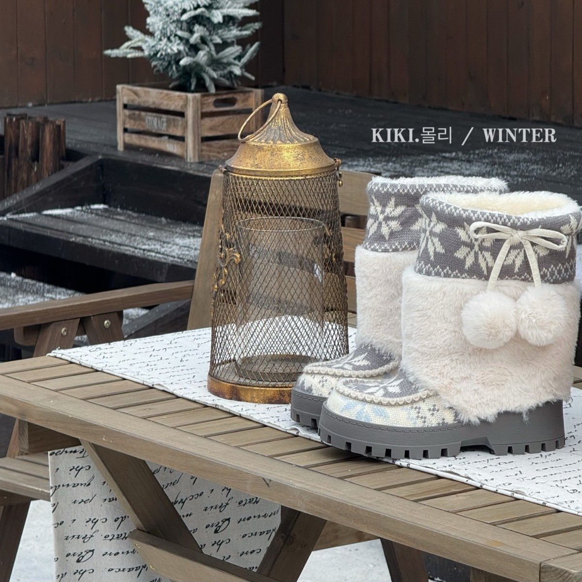 费尔岛毛毛雪地靴女2025新款冬季加绒加厚东北棉鞋针织厚底长筒靴