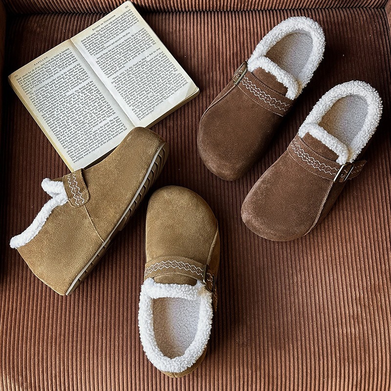 加绒保暖博肯鞋女2025年冬季新款真皮复古休闲厚底懒人一脚蹬棉鞋