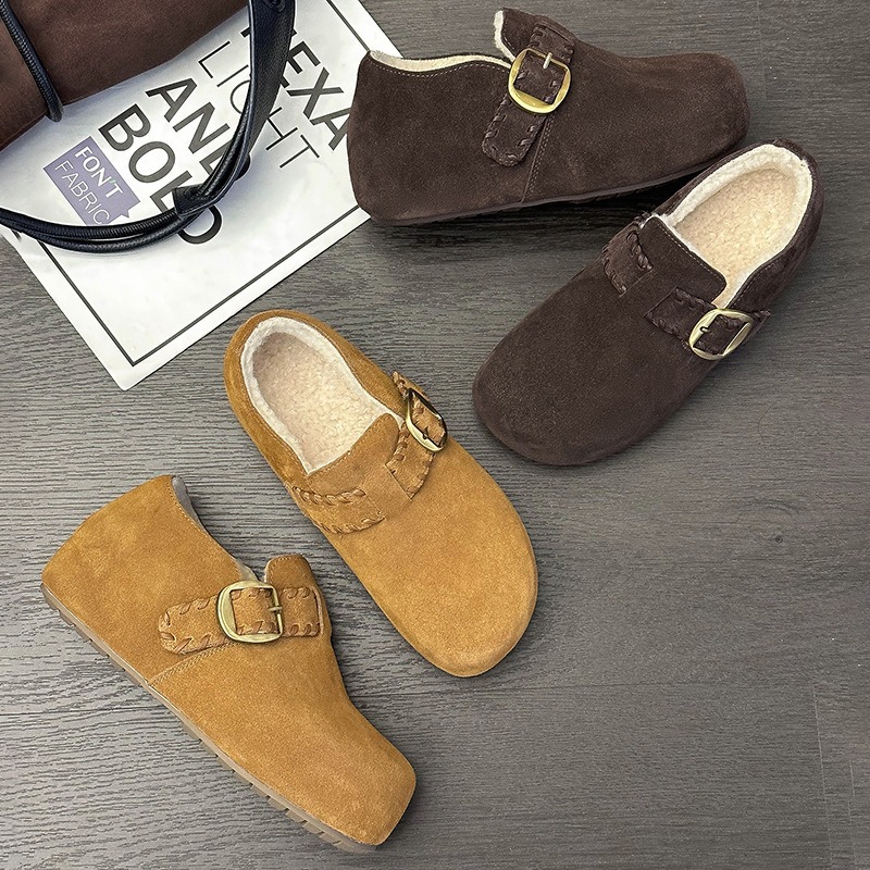 桑坡皮毛一体棉鞋女2025冬新款加绒保暖厚底舒适一脚蹬搭扣博肯鞋