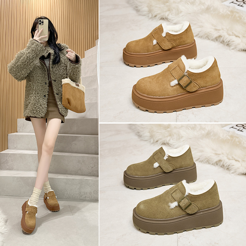 厚底加绒豆豆鞋博肯鞋女2025新款真皮秋冬乐福鞋棉鞋保暖雪地靴女