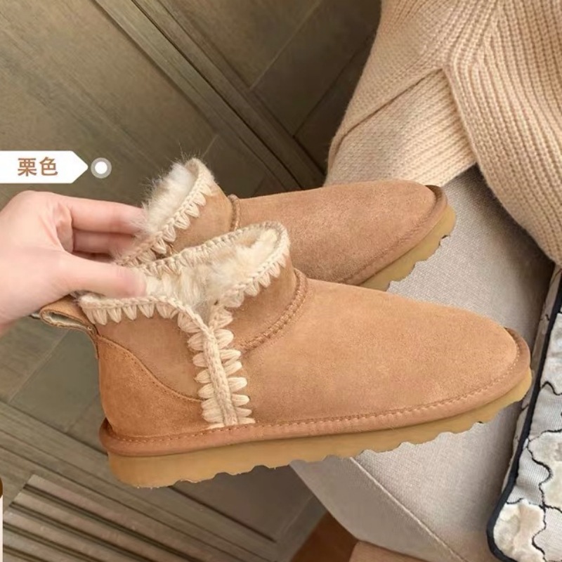 毛线编织雪地靴加绒加厚皮毛一体保暖短靴真皮羊毛女棉鞋女鞋冬季
