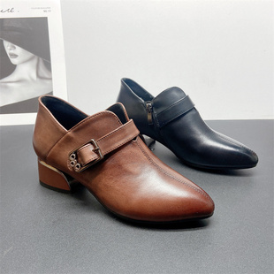 头层牛皮真皮2025秋深口单鞋女短靴裸靴粗低跟时尚妈妈单鞋小皮鞋