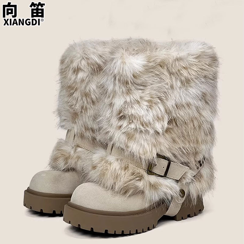 可拆卸两穿毛毛雪地靴女款加绒加厚保暖东北大棉鞋厚底真皮马丁靴