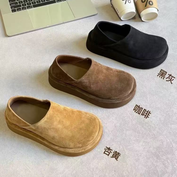 现货单里/加绒新款女鞋圆头磨砂皮一脚蹬乐福鞋复古踩脚厚底勃肯