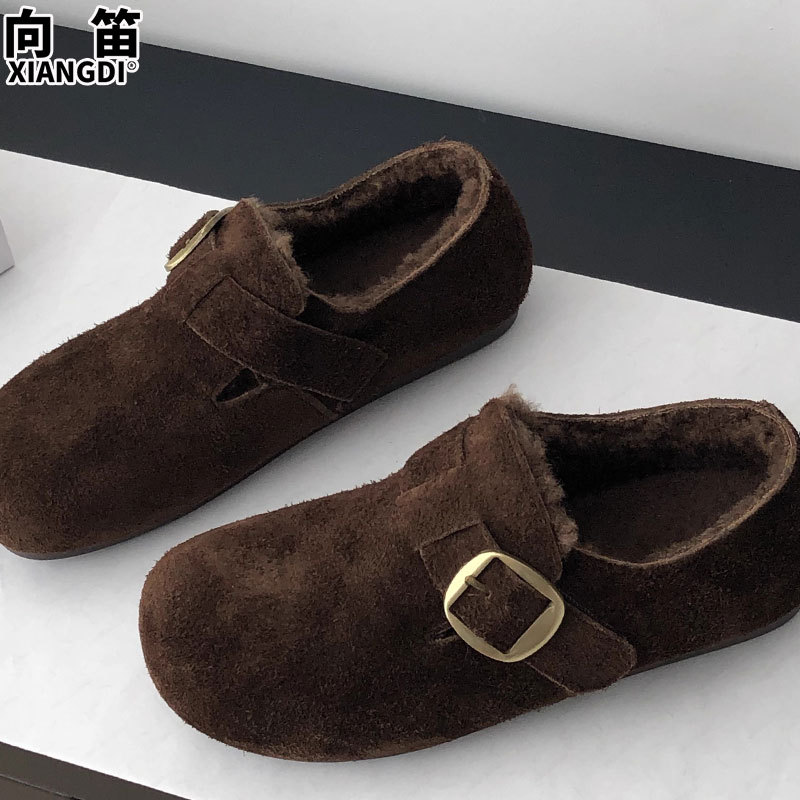 牛皮版全包勃肯鞋子女鞋软底加绒加厚保暖棉鞋一脚蹬乐福鞋豆豆鞋