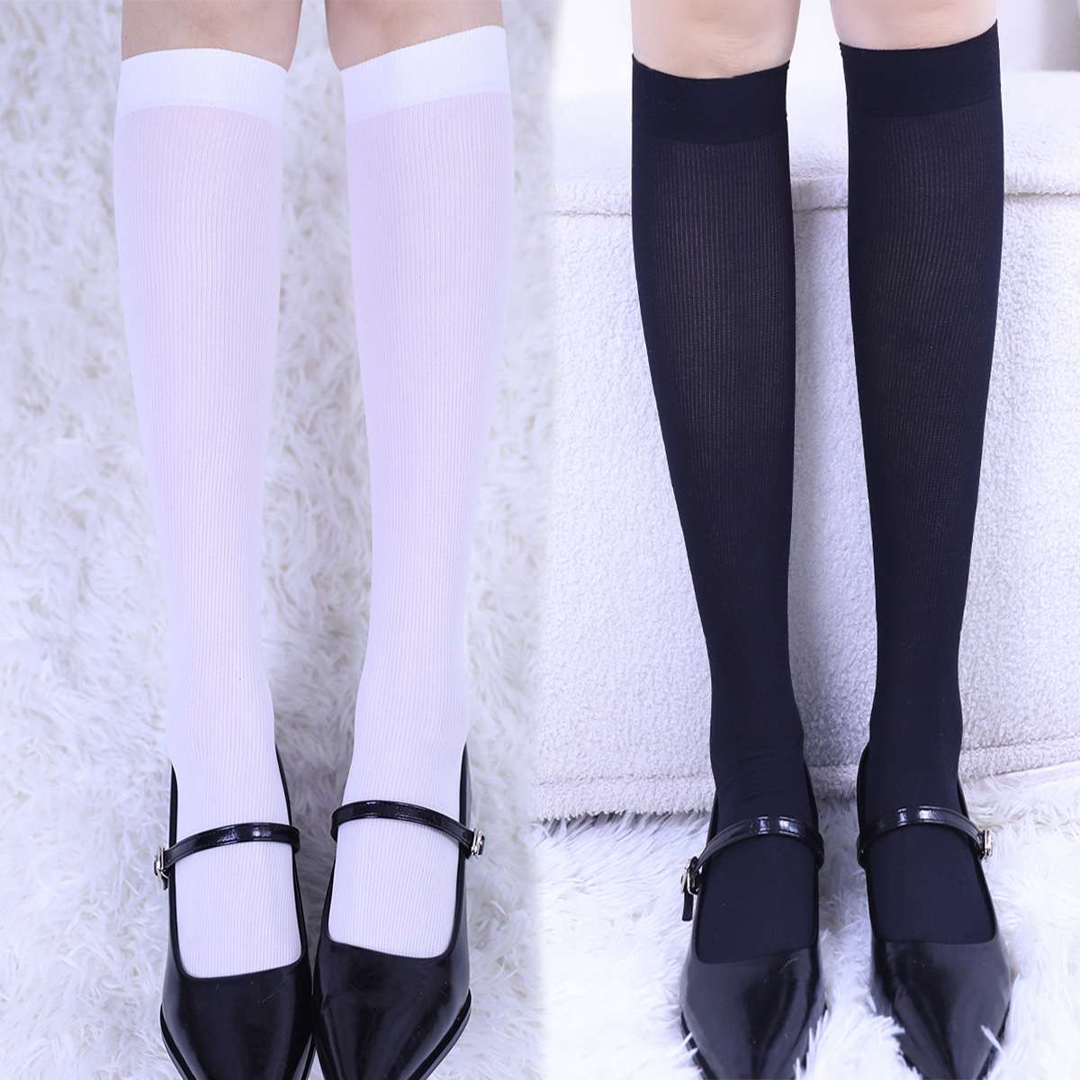 新品推荐黑白条纹竖条学生装秋冬袜子女日系JK洛丽塔日韩风女中筒