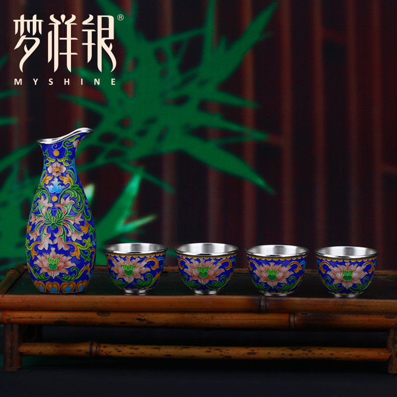 梦祥银盛世足银酒具温酒壶银礼银胎掐丝珐琅工艺银蓝花商务送礼